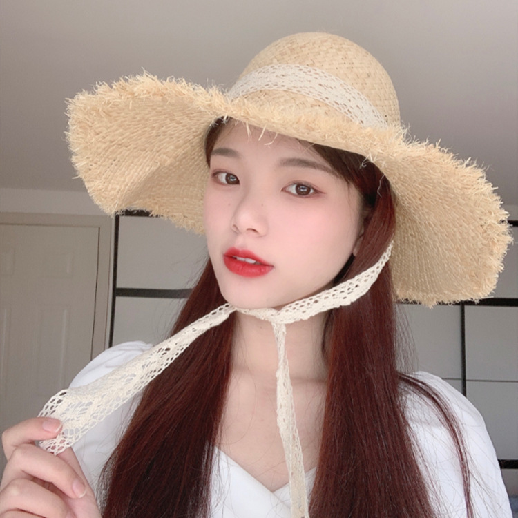 New spring and summer small fresh foldable raffia woven straw hat beach large brim sun protection sun hat Korean style raw edge