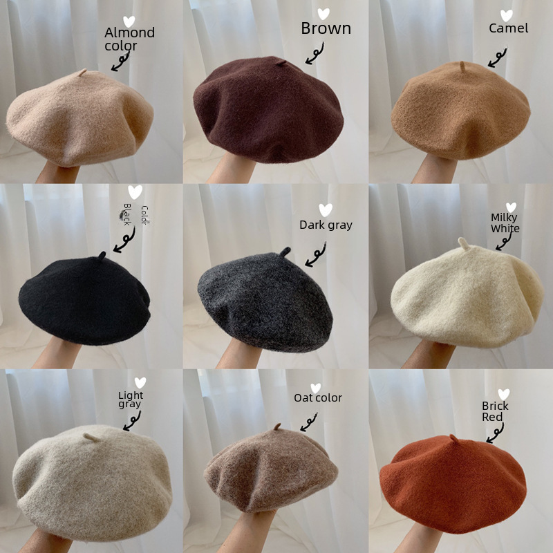 All the beret colors you want are available here!  Autumn and winter wool beret women's Korean style Japanese painter's hat