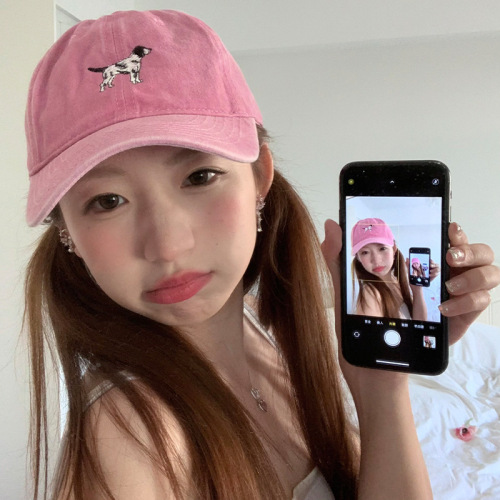 Summer face-showing Korean style cute puppy embroidery washed pink baseball cap women's soft top casual versatile peaked cap