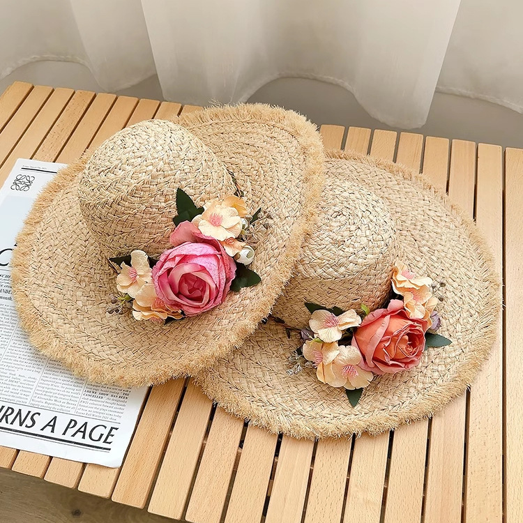 Flower raffia hat for women summer seaside sunshade French large brim sun hat vacation style beach sun hat