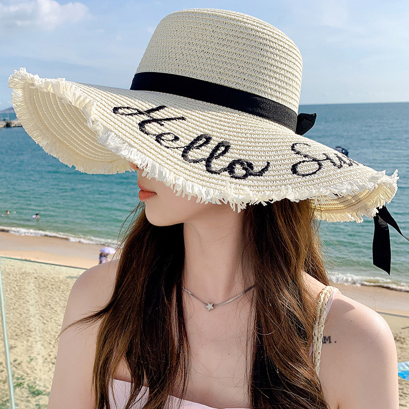 Summer large-brimmed embroidered sunscreen straw hat for women, fashionable simple letter bow ribbon sun hat, sweet sun hat