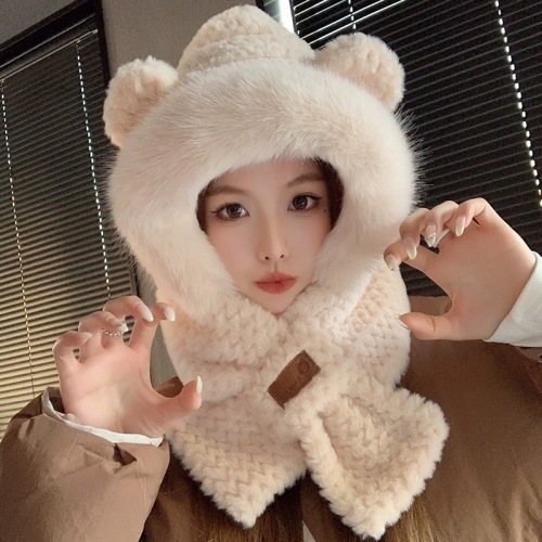 Winter women's warm ear protection plush hat new plus velvet thickening neck protection cute knitted wool hat scarf all in one