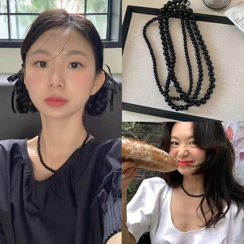 Blogger fever's same style black round bead necklace women's versatile clavicle chain beaded sweater chain high-end jewelry trend