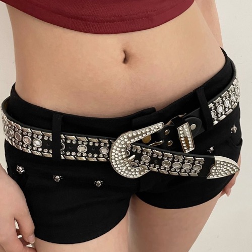 y2k American niche personality hot girl wide belt female decoration new rhinestone with pants fashion belt white