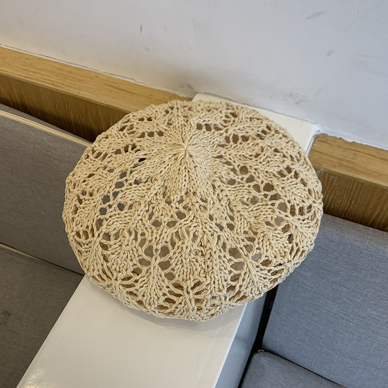 Summer hollow crocheted papyrus beret for women sweet and cute travel breathable literary painter hat dome youth