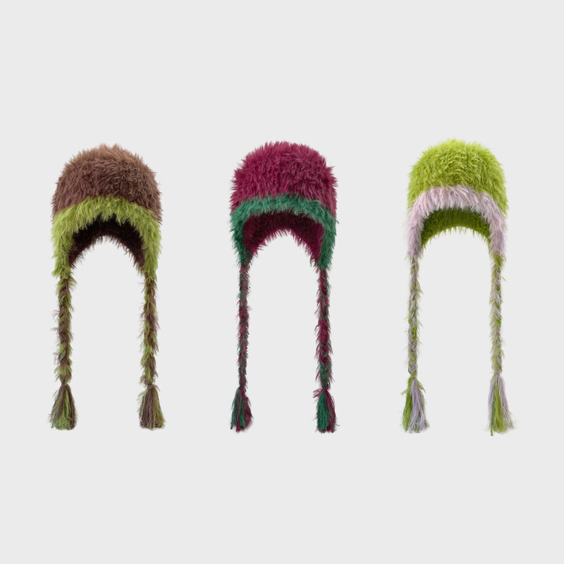 Korean ins plush velvet knitted hat with color-blocked ear protection and long beanie wool hat for autumn and winter to keep warm Lei Feng hat and cold hat trend