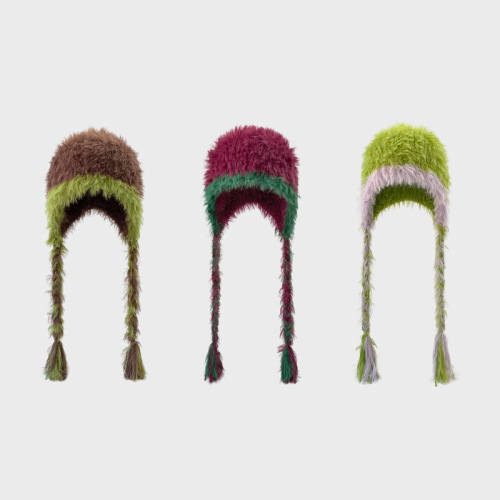 Korean ins plush velvet knitted hat with color-blocked ear protection and long beanie wool hat for autumn and winter to keep warm Lei Feng hat and cold hat trend