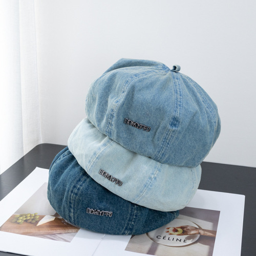 Metal letters octagonal denim beret women's spring and autumn style retro temperament blue painter's hat cloud bud hat