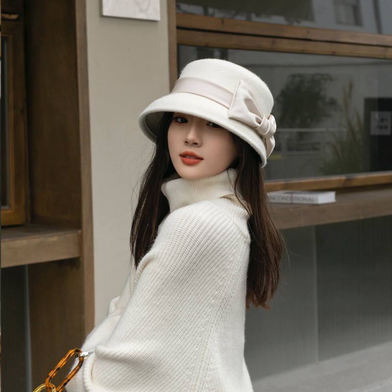 Autumn and winter new elegant Hepburn bow French hat retro woolen hat women's retro rounded woolen hat