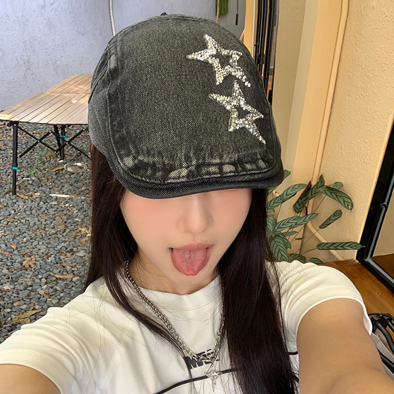 Original old washed denim star forward hat female retro artist painter hat new duck tongue beret