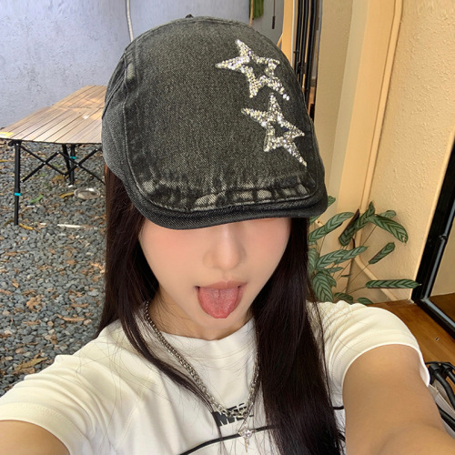 Original old washed denim star forward hat female retro artist painter hat new duck tongue beret