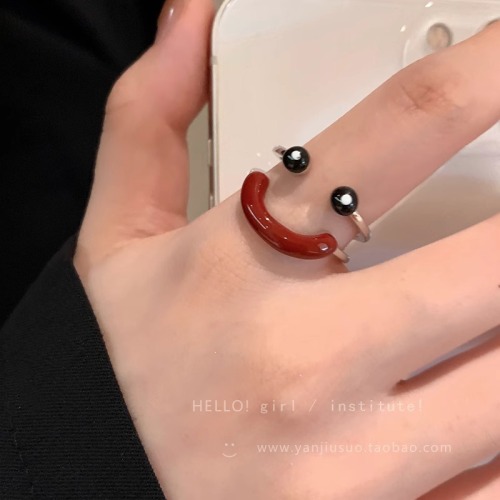 Cute, cute, smiley open ring, niche design index finger ring for women, fashionable, quirky ring