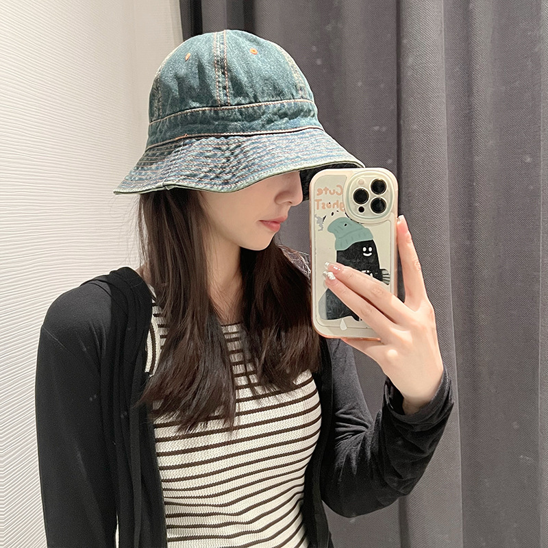 Denim fisherman hat women's spring and summer Japanese style face-showing small versatile plain bucket hat Korean style large head circumference sun hat