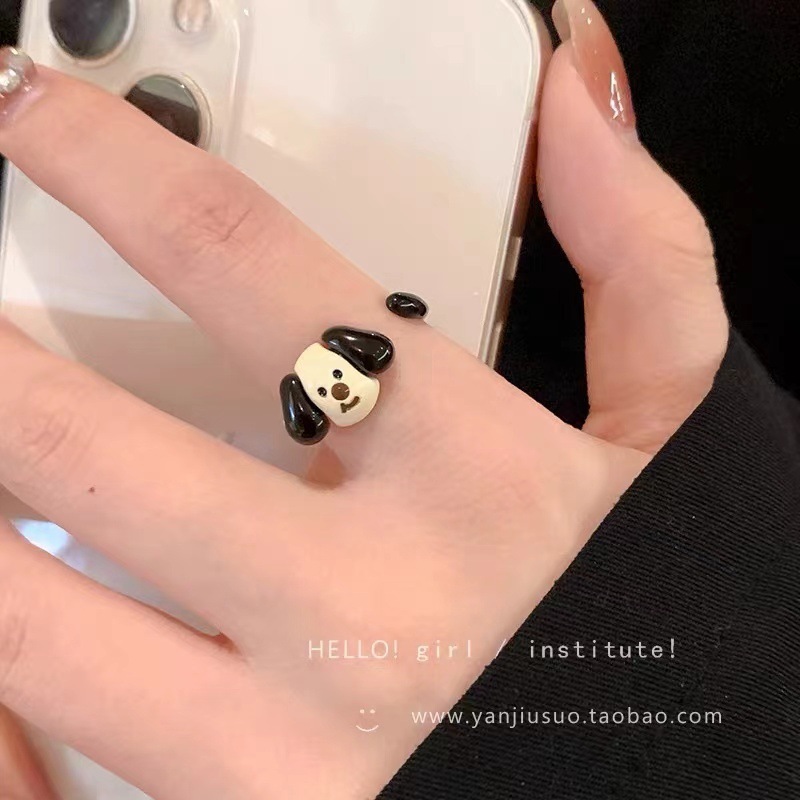 Childlike and cute puppy dripping glaze ring for women, niche temperament, exquisite and high-end open index finger ring new style