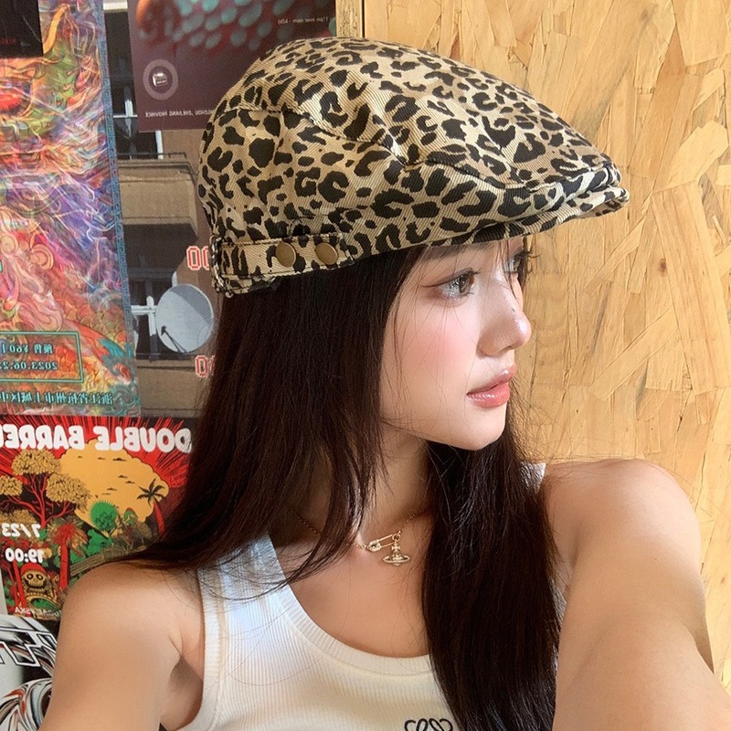 Retro leopard print beret versatile denim pattern men's and women's painter's hat literary and casual big head showing face small forward hat