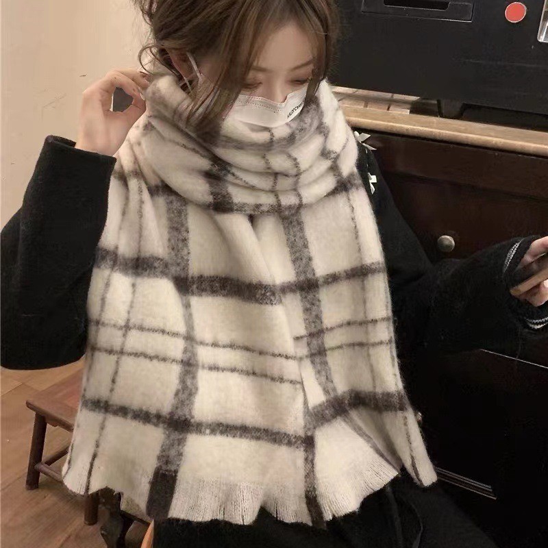 Korean style autumn and winter atmosphere imitation cashmere plaid scarf for women winter retro cold-proof and warm versatile knitted scarf