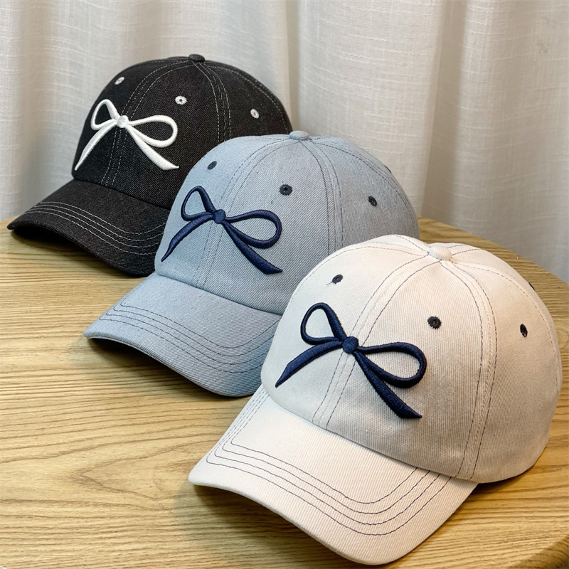 2024 new bow denim baseball cap for women Korean version ins Dongdaemun trendy brand versatile peaked cap wide brim spring