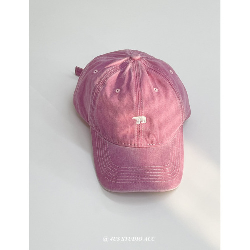 Korean version of retro pink washed cotton baseball cap for women spring and summer sun visor with face little polar bear embroidered peaked cap