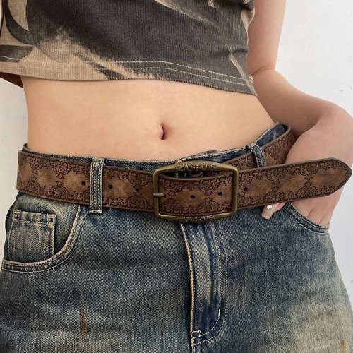 Retro embossed belt neodymium new summer old ethnic style belt versatile matching y2k high-end sense