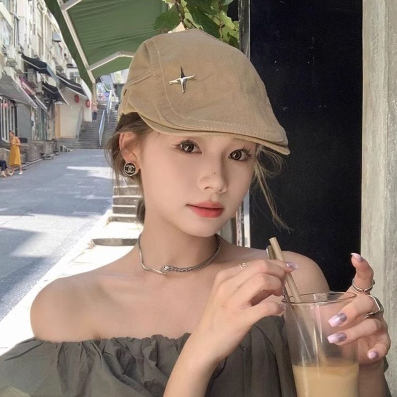 Japanese literary retro four-pointed star forward hat for men and women spring and summer casual all-match denim painter beret trend