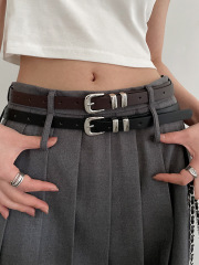 Korean style small belt pu leather thin belt women's simple and versatile silver buckle metal ring JK skirt decorative belt