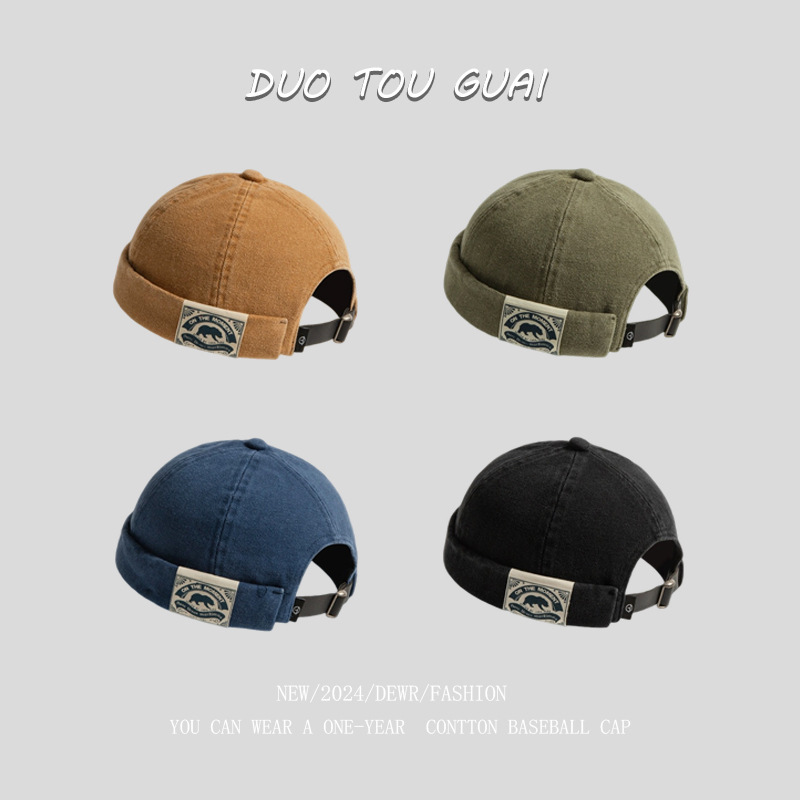 Brimless melon skin hat men's Japanese washed retro soft top yuppie hat women's street black landowner hat trendy four seasons style