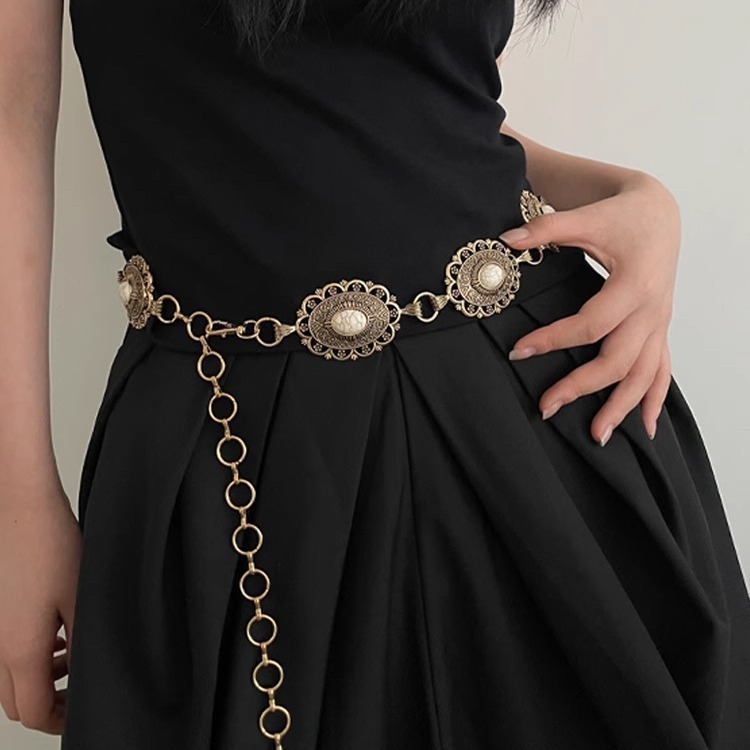 Retro metal waist chain women's ethnic style accessories matching skirt temperament high-end thin belt 2024 new summer