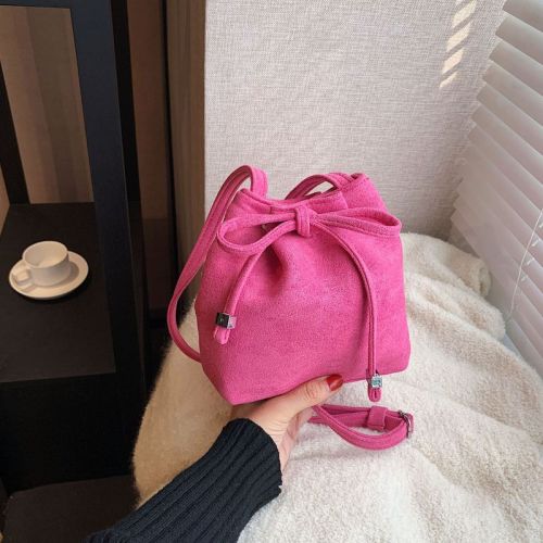 New leather velvet bow small bucket crossbody mobile phone bag niche design shoulder bag children's storage bag