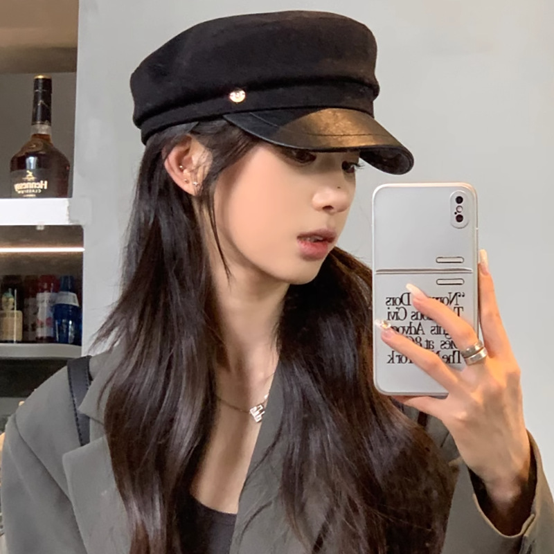 Designer autumn Internet celebrity PU leather hat with spliced ​​octagonal hat for women, face-showing small beret, temperament and versatile navy hat