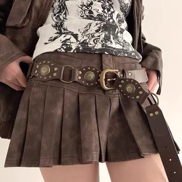 American retro belt for women, new rivet brown belt with jeans, Korean style versatile waist chain trend