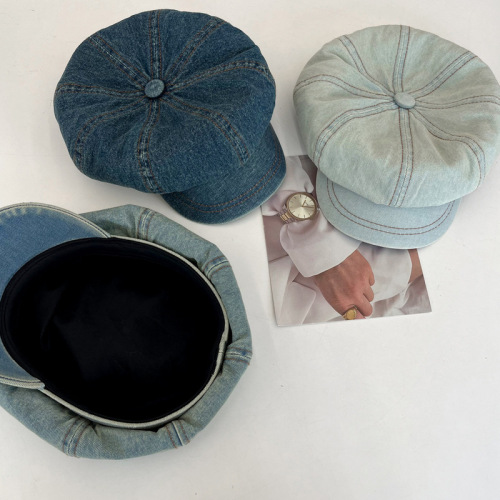 Japanese street retro large version denim octagonal hat women's spring and summer fashion trend big head circumference show face small painter hat trend