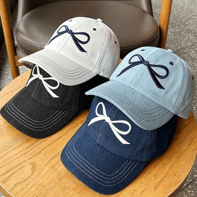Farman Korean style bow baseball hat for women spring fashion versatile casual large head circumference embroidered denim peaked hat
