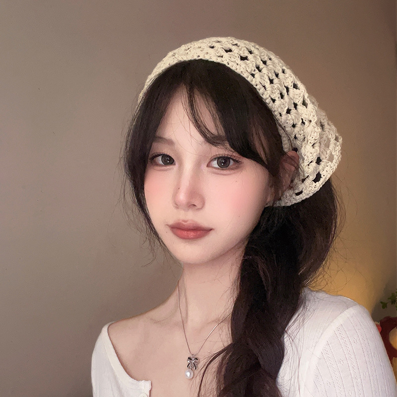 Pastoral style knitted triangle headscarf for women, summer seaside lace square scarf, crocheted headdress, French dopamine headband