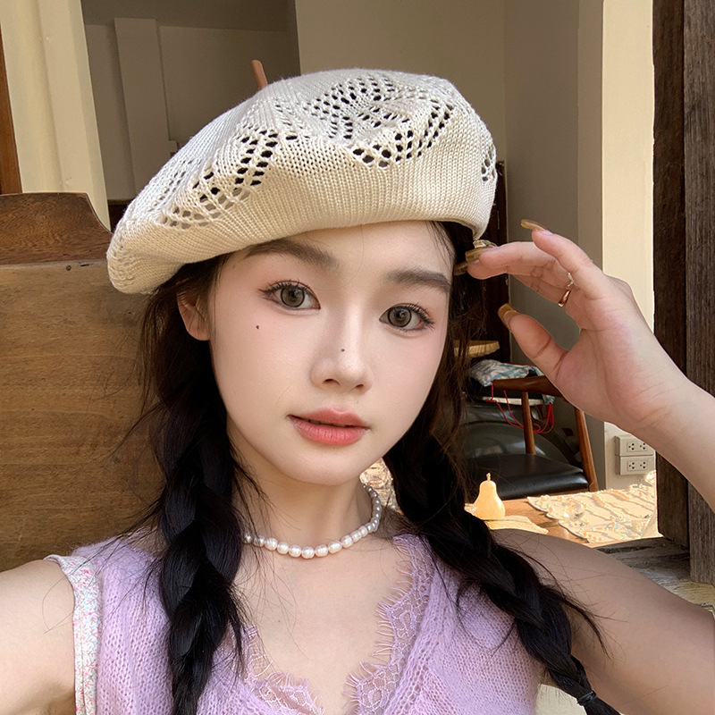 Japanese sweet hollow woven beret hat for women cute thin breathable painter hat showing face small holiday concave shape