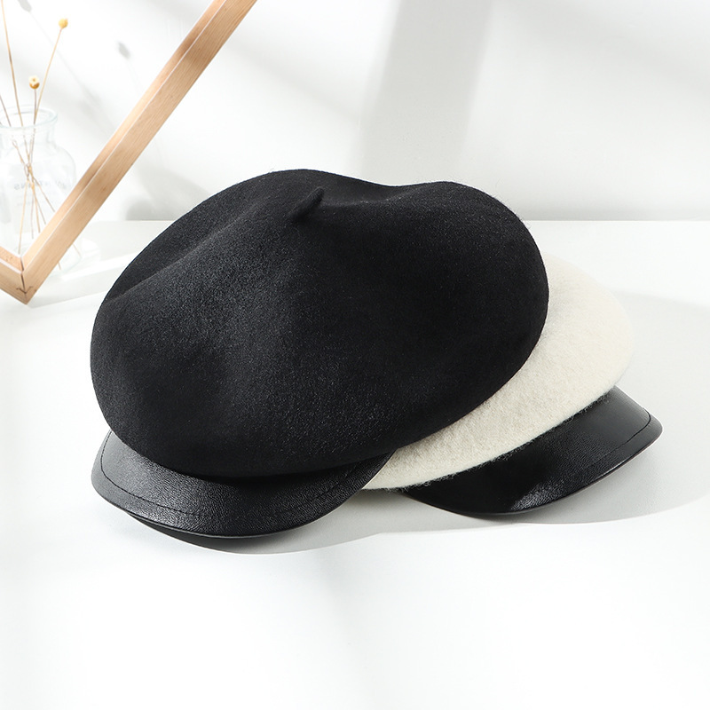 Autumn and winter hats for women, retro socialite color-blocking, Japanese-style leather brim, wool octagonal hat, British woolen versatile beret