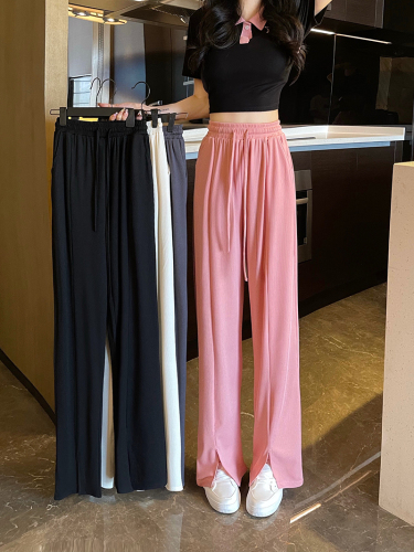 [Real shot] Ice silk slit wide-leg pants for women, summer high-waisted casual pants, loose straight draping trousers