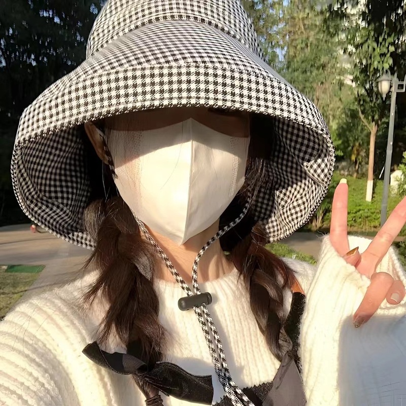 Large brim houndstooth sun protection hat summer girls cute face small sunshade anti-ultraviolet versatile fisherman hat