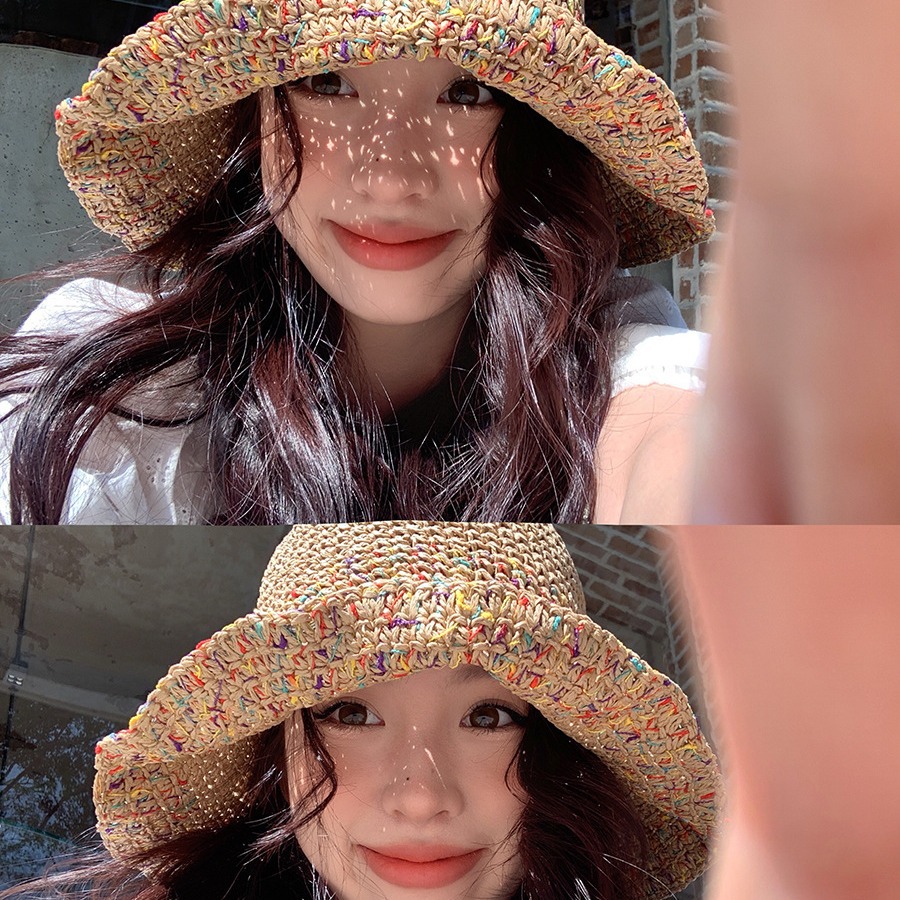 Summer hollow sun protection visor, breathable and not stuffy, colorful holiday style wide brim woven straw hat for women