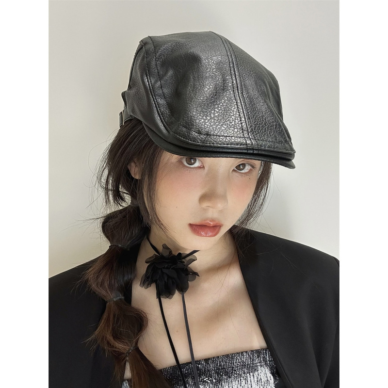 [Hong Kong style retro feel] Good quality pu leather forward cap adjustable large head circumference duckbill hat British dad hat