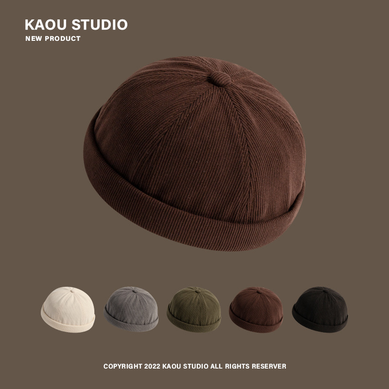 Japanese retro corduroy melon skin hat for women, yuppie brimless fashion, versatile autumn and winter landlord hat, trendy men's small round hat