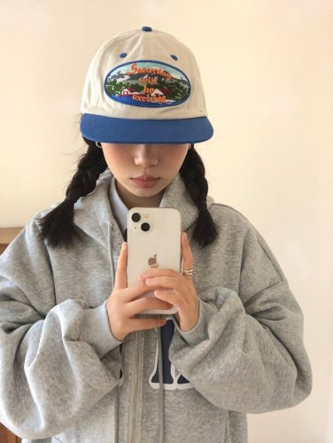 [Blue flat brim hat] Niche color matching Japanese retro embroidered baseball cap soft top street hip-hop peaked hat trend