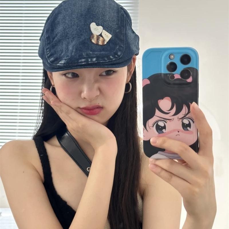 Self-made hand-stitched niche irregular button washed denim forward hat retro sweet cool girl peaked hat trend