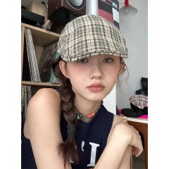 Plaid tie bow forward hat retro British style versatile newsboy hat women's fashionable face small beret