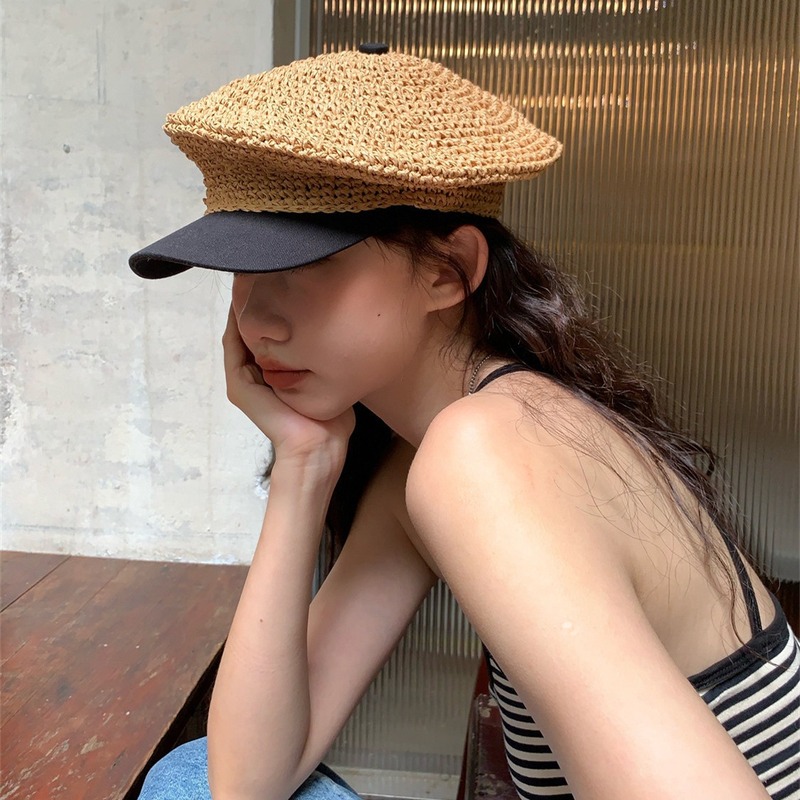 Temperament, versatile for men and women, simple Japanese crochet straw navy hat, straw hat, duck tongue beret hat, summer sun hat