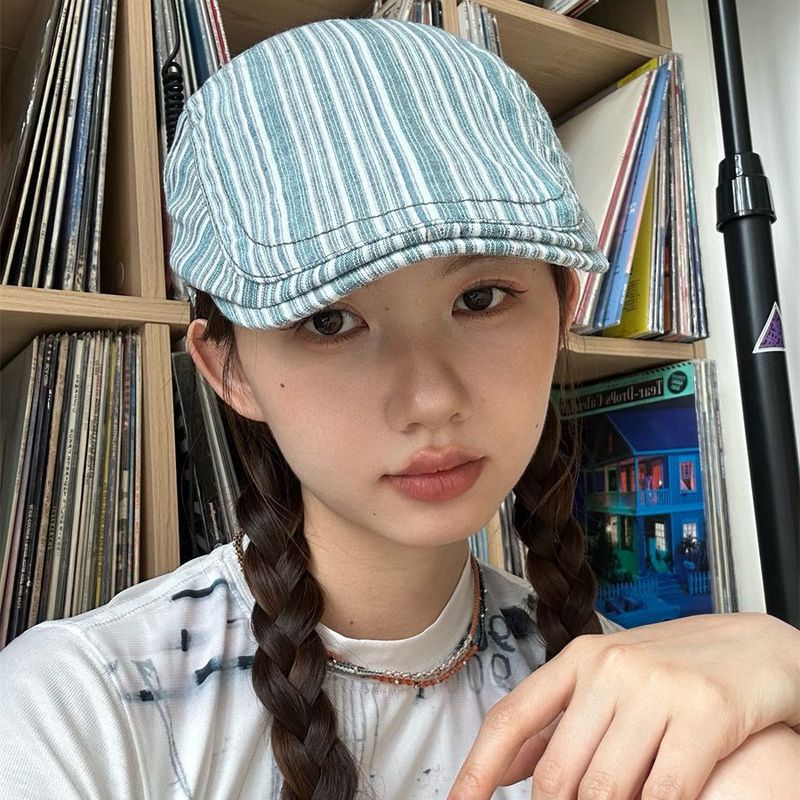 Striped Duckbill Forward Hat Hong Kong Style Retro Thin Large Head Circumference Beret Fashion Face-Showing Newsboy Detective Hat Women