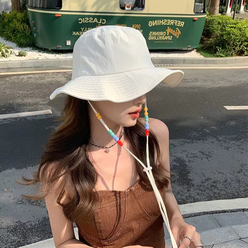Summer sun protection hat, outdoor hiking hat, Korean style solid color quick-drying fisherman hat, colorful bead sun hat for women