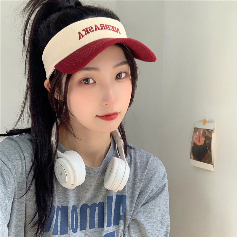 Adjustable letter embroidery color matching empty top hat for women Korean style casual fashion summer outdoor breathable sun protection sun hat