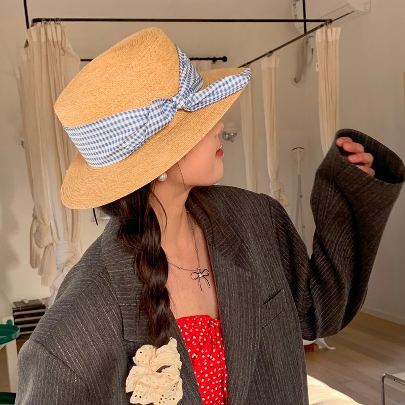 Hat women's new holiday style French bow flat-top straw hat sun protection hat