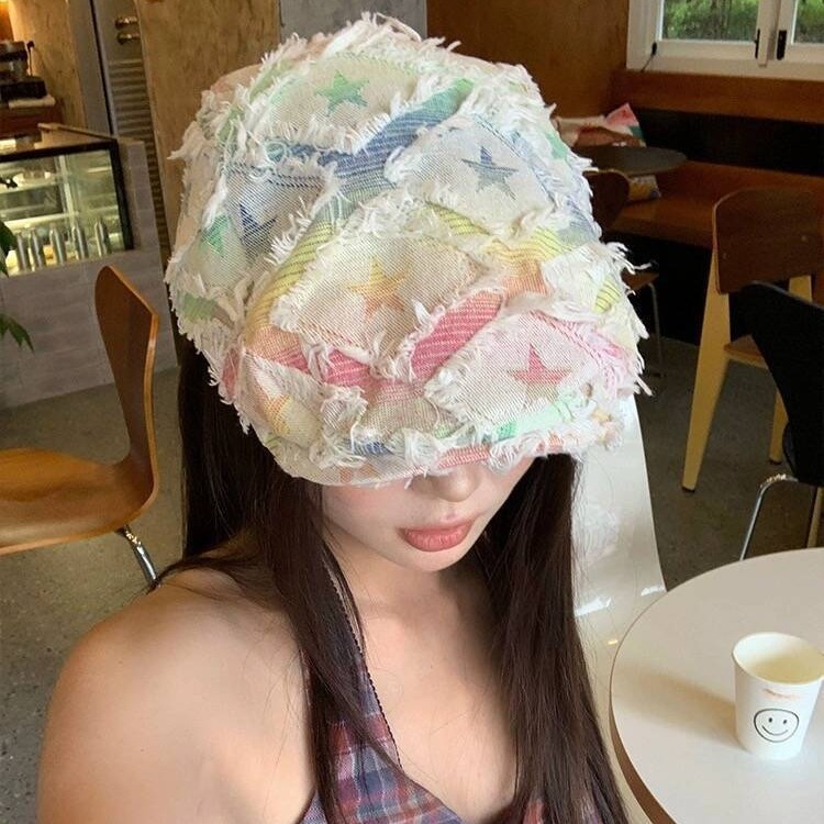 American colorful fur-brimmed forward hat for women in summer, versatile big brim, face-showing small beret, big-face slimming hat, trendy hat