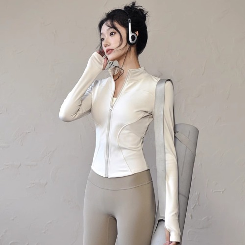 Sun protection quick-drying sports jacket women's tight-fitting workout yoga clothing long-sleeved zipper cardigan running fitness clothing summer